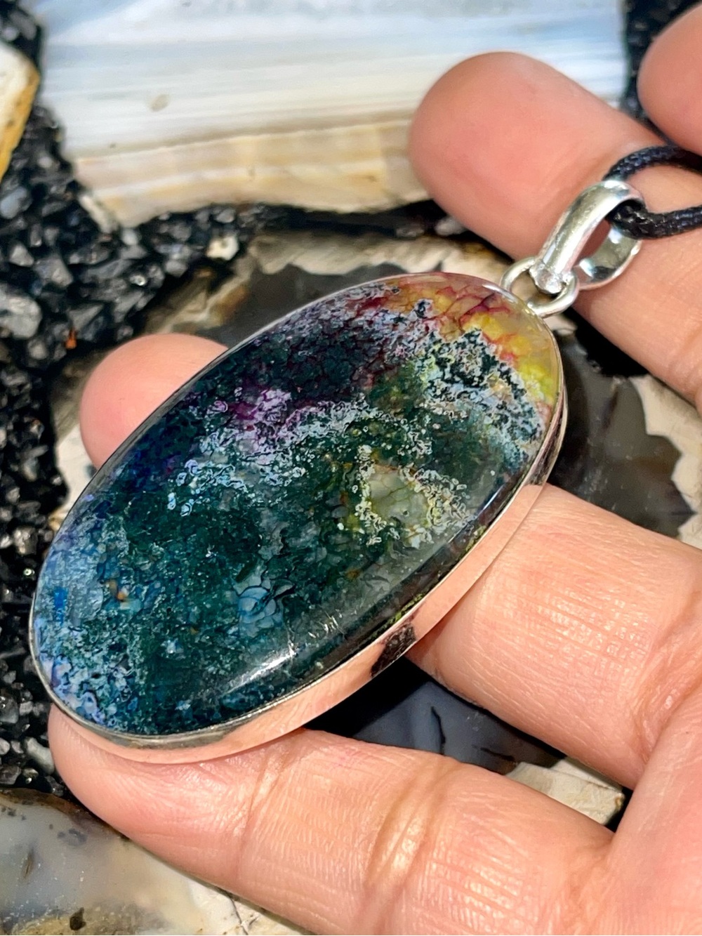 Green Mocha Stone Moss Agate Pendant 2 7/8”